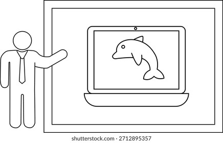 Apresentação mostrando uma tela de laptop com um golfinho ao lado de uma figura de palito