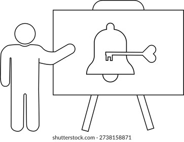 Presentation shows bellshaped object pierced by key on stand figure pointing