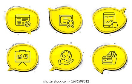 Presentation sign. Diploma certificate, save planet chat bubbles. Burger, Internet report and Web settings line icons set. Cheeseburger, Web tutorial, Engineering tool. Board with charts. Vector