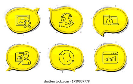 Presentation sign. Diploma certificate, save planet chat bubbles. Face id, Time management and Website statistics line icons set. Identification system, Laptop device, Data analysis. Vector