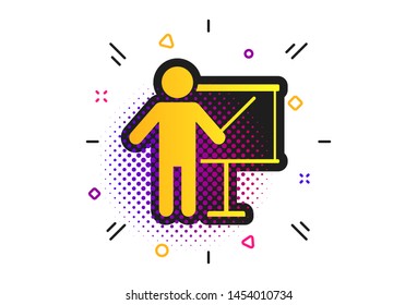 Presentation sign icon. Halftone dots pattern. Man standing with pointer. Blank empty billboard symbol. Classic flat presentation icon. Vector