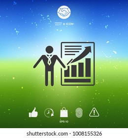 Presentation sign icon. Man standing with pointer near the infographic