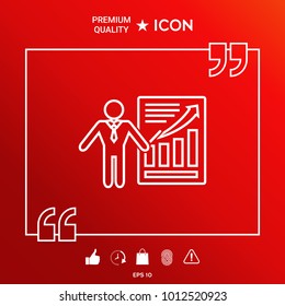 Presentation sign icon. Man standing with pointer near the infographic. Line icon.