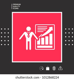 Presentation sign icon. Man standing with pointer near the infographic