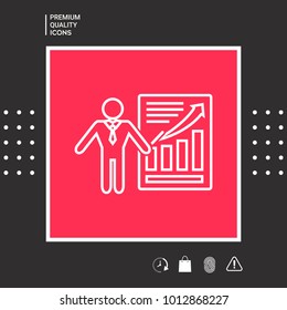 Presentation sign icon. Man standing with pointer near the infographic. Line icon.