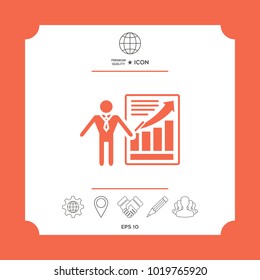 Presentation sign icon. Man standing with pointer near the infographic
