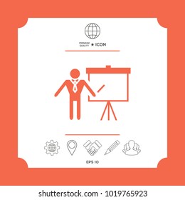Presentation sign icon. Man standing with pointer near the flip chart. Blank empty billboard symbol