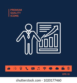 Presentation sign icon. Man standing with pointer near the infographic. Line icon.