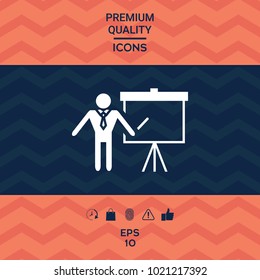 Presentation sign icon. Man standing with pointer near the flip chart. Blank empty billboard symbol