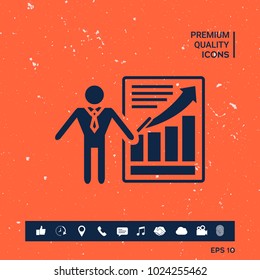 Presentation sign icon. Man standing with pointer near the infographic