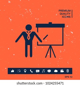 Presentation sign icon. Man standing with pointer near the flip chart. Blank empty billboard symbol