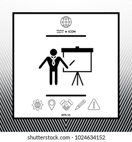 Presentation sign icon. Man standing with pointer near the flip chart. Blank empty billboard symbol