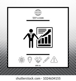 Presentation sign icon. Man standing with pointer near the infographic
