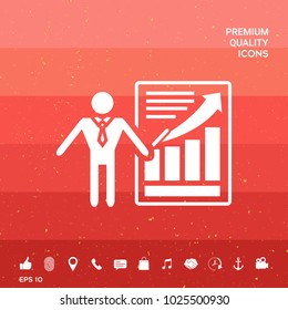 Presentation sign icon. Man standing with pointer near the infographic
