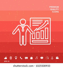 Presentation sign icon. Man standing with pointer near the infographic. Line icon.