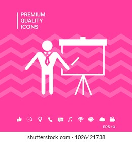 Presentation sign icon. Man standing with pointer near the flip chart. Blank empty billboard symbol