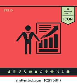 Presentation sign icon. Man standing with pointer near the infographic