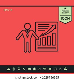 Presentation sign icon. Man standing with pointer near the infographic. Line icon.