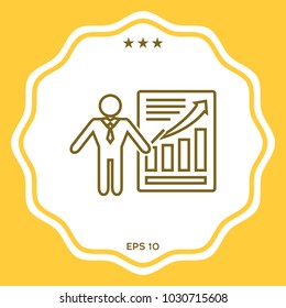 Presentation sign icon. Man standing with pointer near the infographic. Line icon.