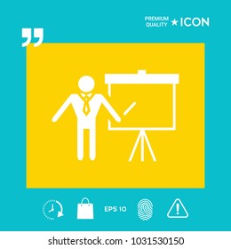 Presentation sign icon. Man standing with pointer near the flip chart. Blank empty billboard symbol