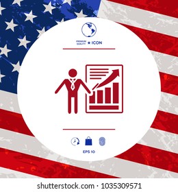 Presentation sign icon. Man standing with pointer near the infographic