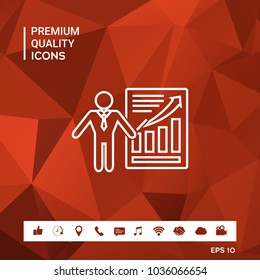 Presentation sign icon. Man standing with pointer near the infographic. Line icon.