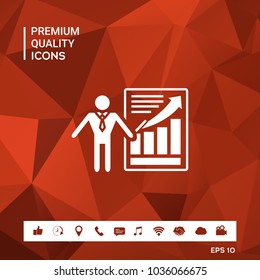Presentation sign icon. Man standing with pointer near the infographic
