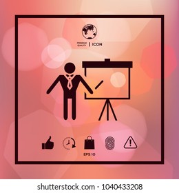 Presentation sign icon. Man standing with pointer near the flip chart. Blank empty billboard symbol