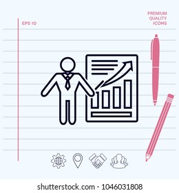 Presentation sign icon. Man standing with pointer near the infographic. Line icon.