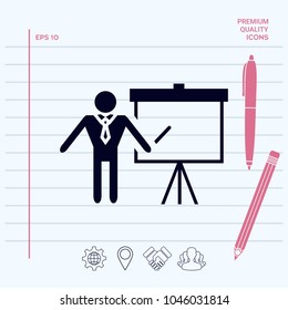 Presentation sign icon. Man standing with pointer near the flip chart. Blank empty billboard symbol