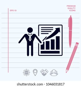 Presentation sign icon. Man standing with pointer near the infographic