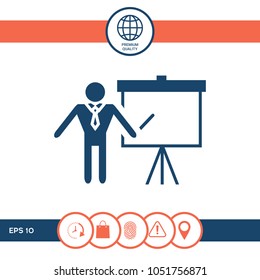 Presentation sign icon. Man standing with pointer near the flip chart. Blank empty billboard symbol