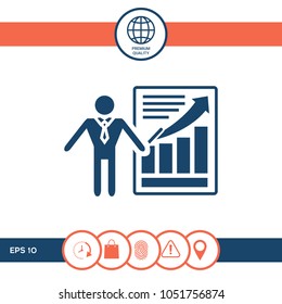 Presentation sign icon. Man standing with pointer near the infographic