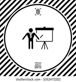 Presentation sign icon. Man standing with pointer near the flip chart. Blank empty billboard symbol