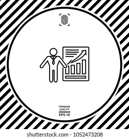 Presentation sign icon. Man standing with pointer near the infographic. Line icon.