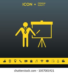 Presentation sign icon. Man standing with pointer near the flip chart. Blank empty billboard symbol