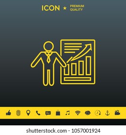 Presentation sign icon. Man standing with pointer near the infographic. Line icon.