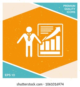 Presentation sign icon. Man standing with pointer near the infographic