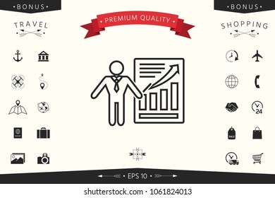 Presentation sign icon. Man standing with pointer near the infographic. Line icon.