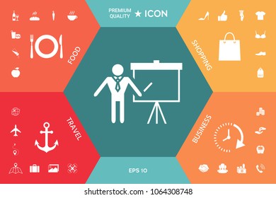 Presentation sign icon. Man standing with pointer near the flip chart. Blank empty billboard symbol