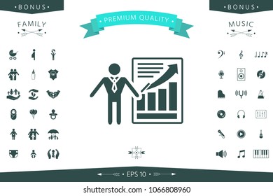 Presentation sign icon. Man standing with pointer near the infographic