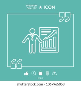 Presentation sign icon. Man standing with pointer near the infographic. Line icon.