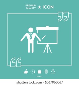 Presentation sign icon. Man standing with pointer near the flip chart. Blank empty billboard symbol