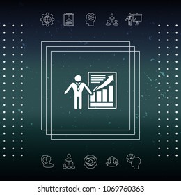 Presentation sign icon. Man standing with pointer near the infographic