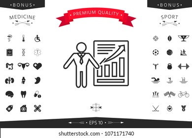 Presentation sign icon. Man standing with pointer near the infographic. Line icon.
