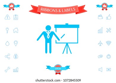 Presentation sign icon. Man standing with pointer near the flip chart. Blank empty billboard symbol