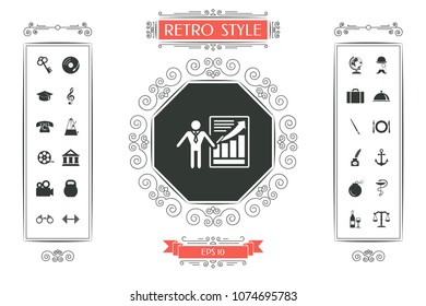 Presentation sign icon. Man standing with pointer near the infographic