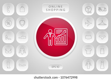 Presentation sign icon. Man standing with pointer near the infographic. Line icon.