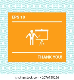 Presentation sign icon. Man standing with pointer near the flip chart. Blank empty billboard symbol