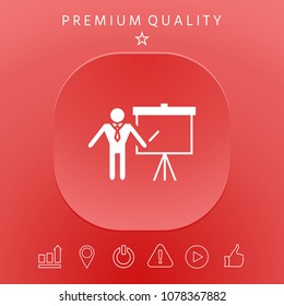Presentation sign icon. Man standing with pointer near the flip chart. Blank empty billboard symbol
